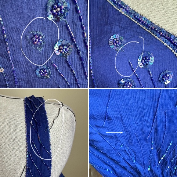 RARE Vintage 80s Judith Ann 2 pc Blue Silk Sequin Beaded Kimono Jacket and Dress - Picture 13 of 16